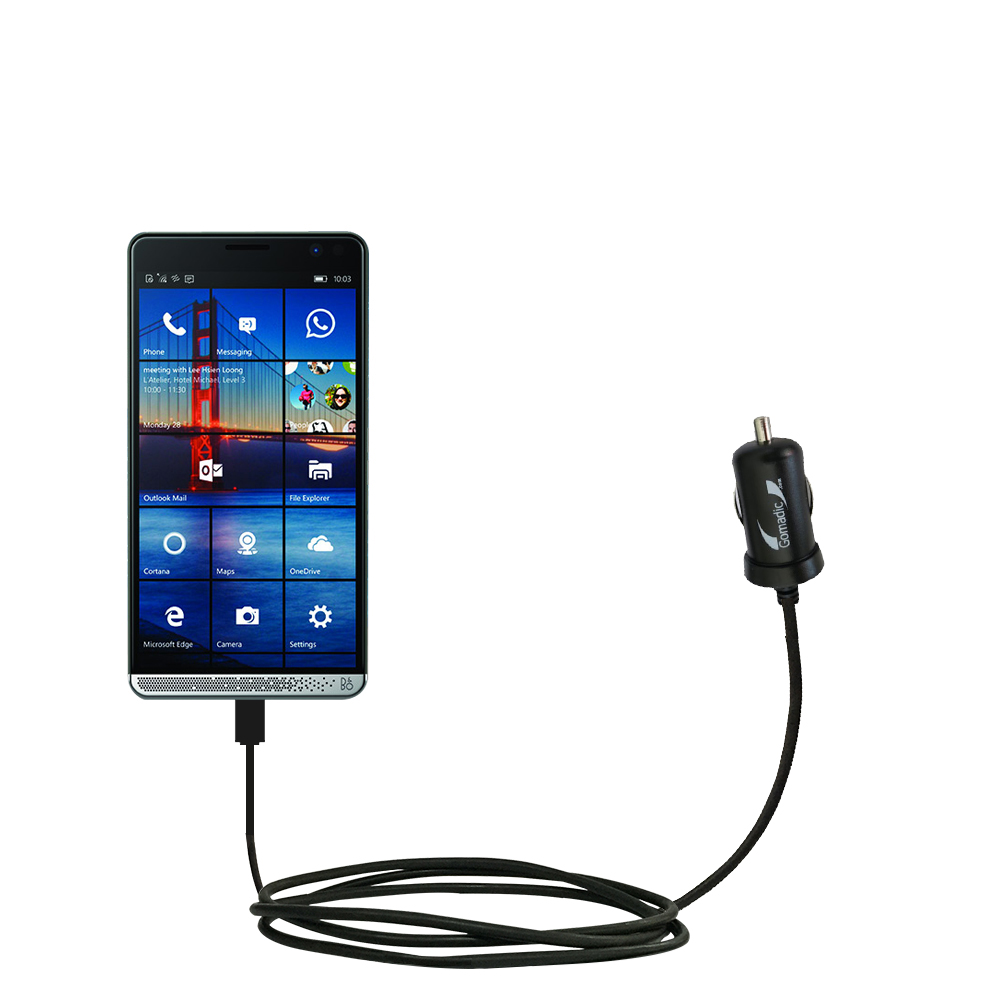 Gomadic Intelligent Compact Car / Auto DC Charger suitable for the HP Elite X3 - 2A / 10W power at half the size. Uses Gomadic TipExchange Technology