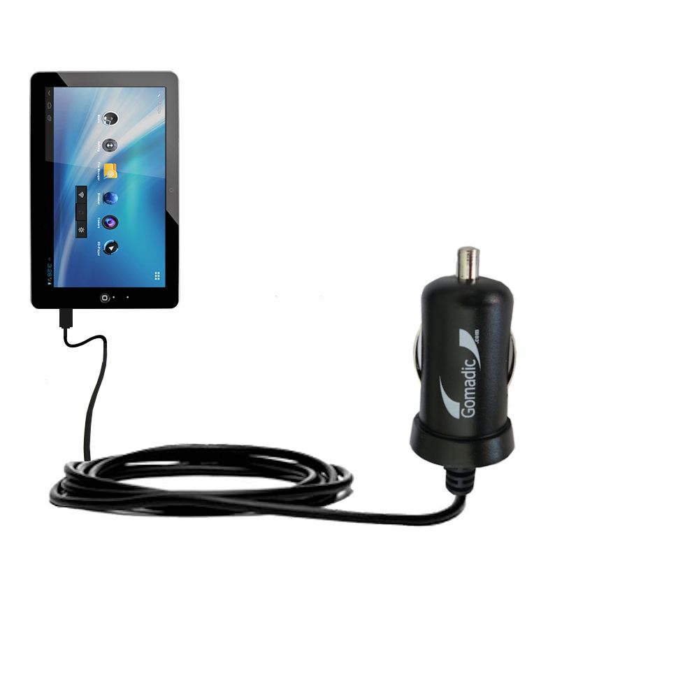 Gomadic Intelligent Compact Car / Auto DC Charger suitable for the Kocaso M1050 / M1052 - 2A / 10W power at half the size. Uses Gomadic TipExchange Technology