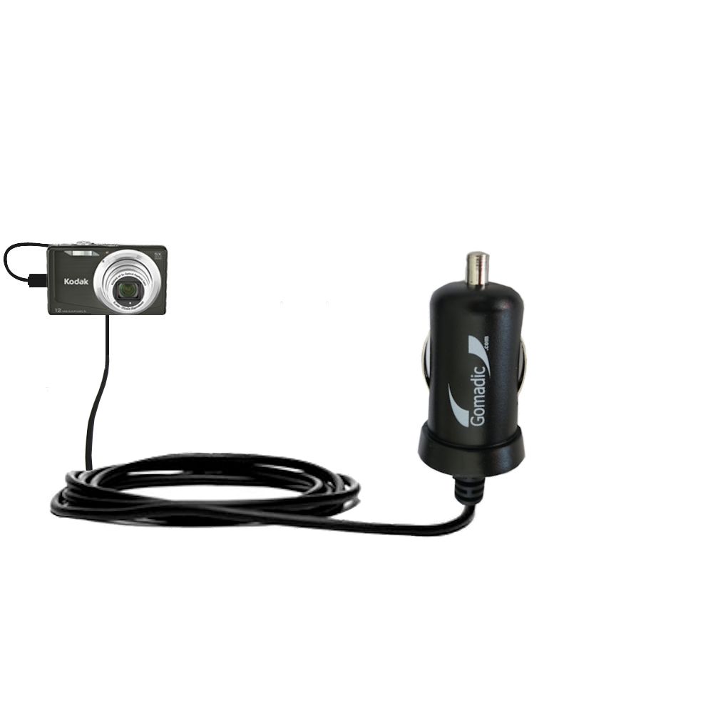 Gomadic Intelligent Compact Car / Auto DC Charger suitable for the Kodak EasyShare M381 - 2A / 10W power at half the size. Uses Gomadic TipExchange Technology
