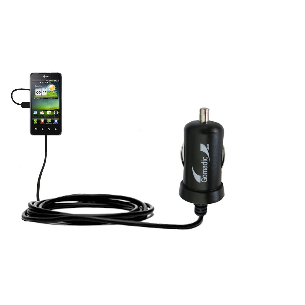 Gomadic Intelligent Compact Car / Auto DC Charger suitable for the LG Tegra 2 - 2A / 10W power at half the size. Uses Gomadic TipExchange Technology