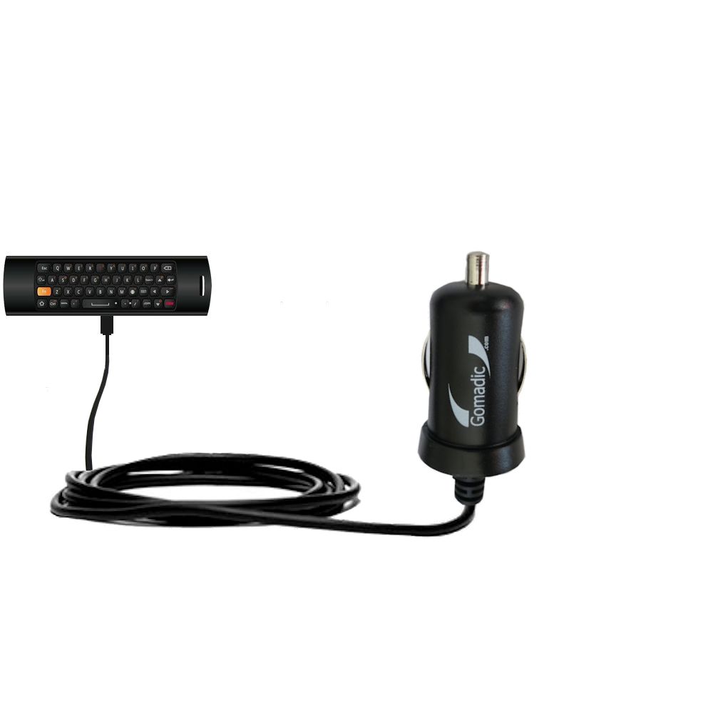 Gomadic Intelligent Compact Car / Auto DC Charger suitable for the Mele F10 Fly Mouse Keyboard - 2A / 10W power at half the size. Uses Gomadic TipExchange Technology