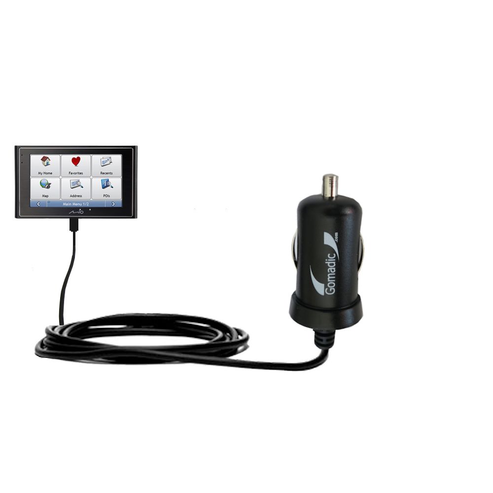 Gomadic Intelligent Compact Car / Auto DC Charger suitable for the Mio Moov 360 - 2A / 10W power at half the size. Uses Gomadic TipExchange Technology