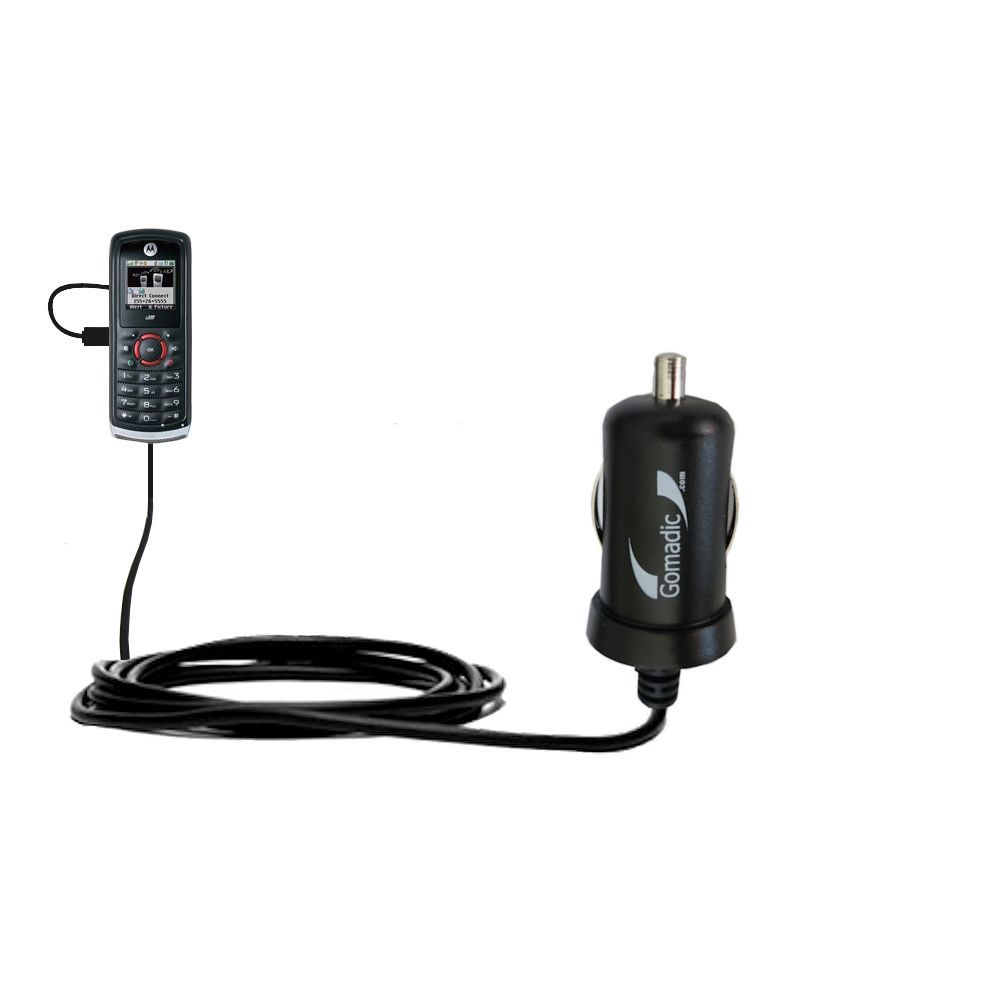 Gomadic Intelligent Compact Car / Auto DC Charger suitable for the Motorola i335 - 2A / 10W power at half the size. Uses Gomadic TipExchange Technology