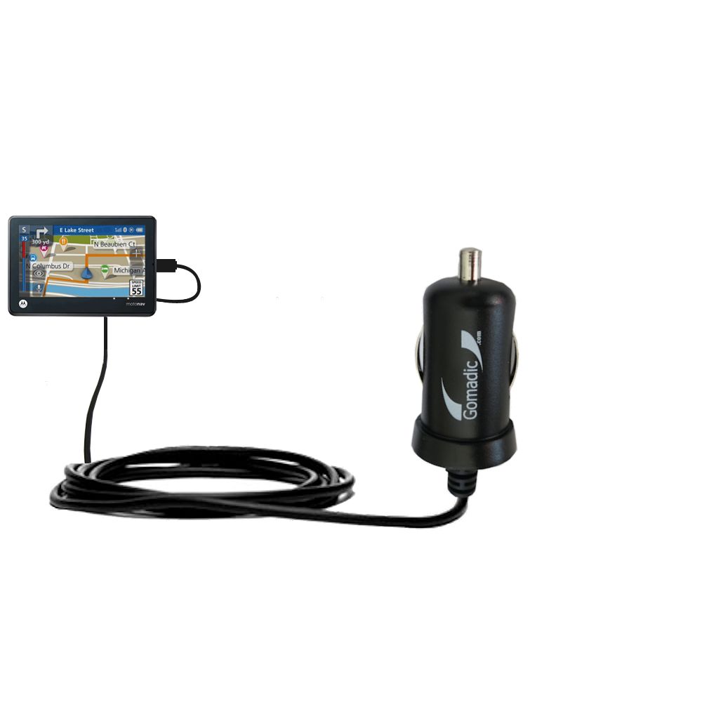 Gomadic Intelligent Compact Car / Auto DC Charger suitable for the Motorola MOTONAV TN30 - 2A / 10W power at half the size. Uses Gomadic TipExchange Technology