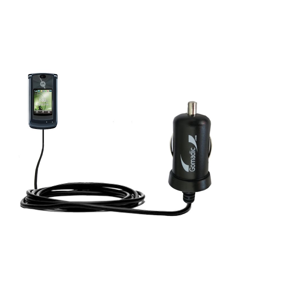 Gomadic Intelligent Compact Car / Auto DC Charger suitable for the Motorola MOTORAZR 2 V9m - 2A / 10W power at half the size. Uses Gomadic TipExchange Technology