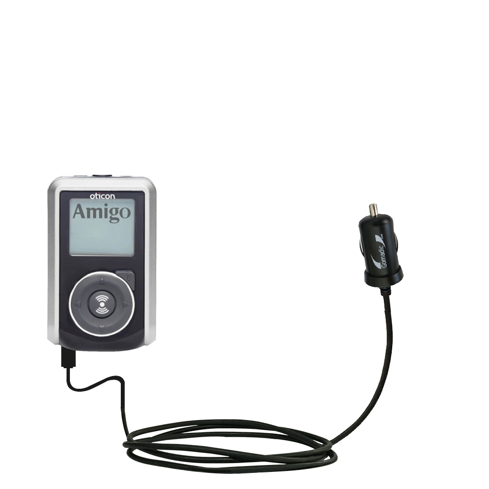 Gomadic Intelligent Compact Car / Auto DC Charger suitable for the Oticon Amigo T30 / T31 - 2A / 10W power at half the size. Uses Gomadic TipExchange Technology