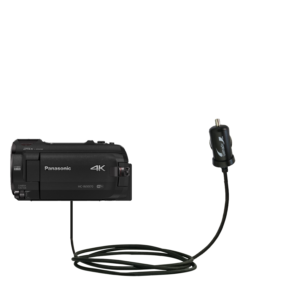 Gomadic Intelligent Compact Car / Auto DC Charger suitable for the Panasonic HC-WX970 / HC-WX979 - 2A / 10W power at half the size. Uses Gomadic TipExchange Technology