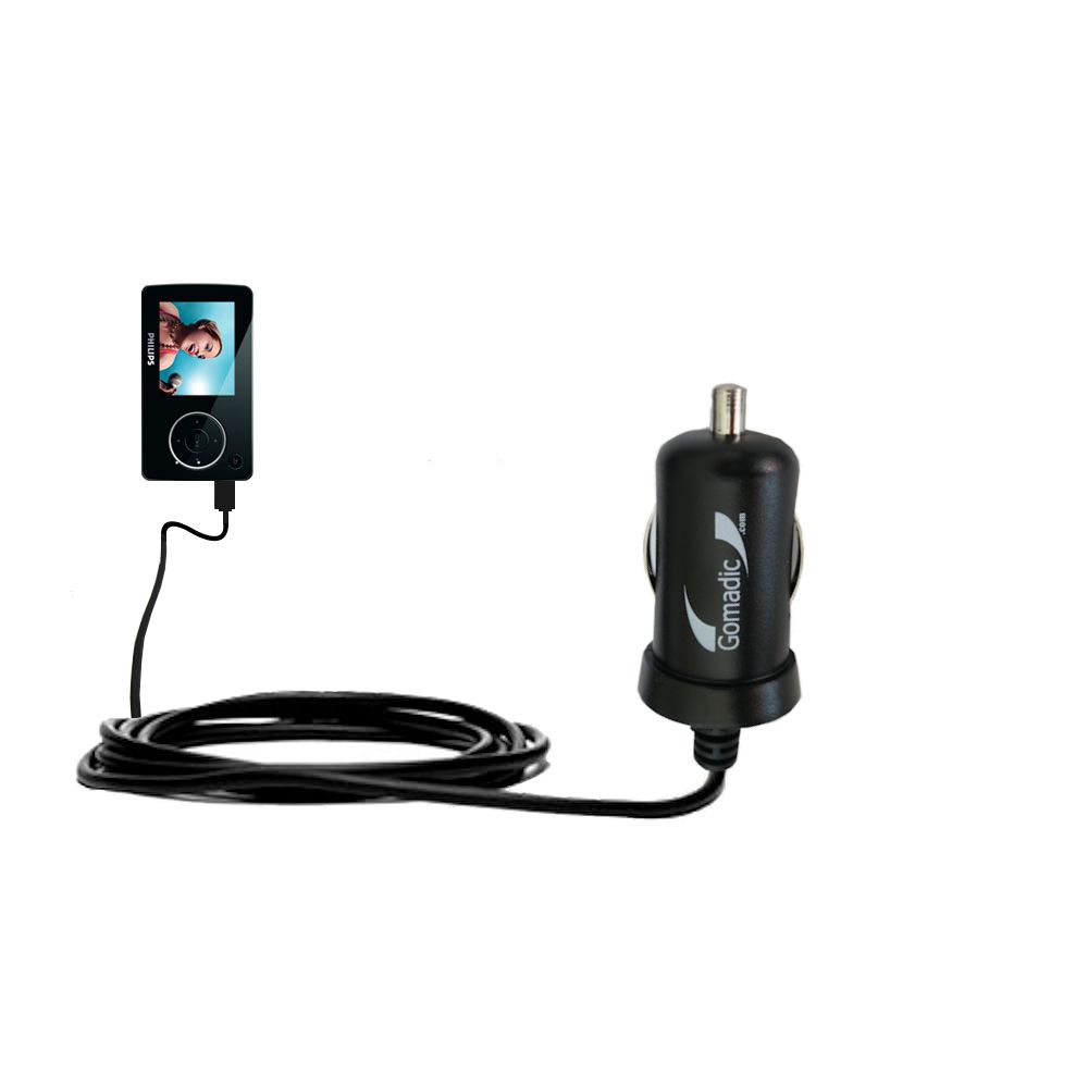 Gomadic Intelligent Compact Car / Auto DC Charger suitable for the Philips 4GB Portable Video Player FullSound - 2A / 10W power at half the size. Uses Gomadic TipExchange Technology