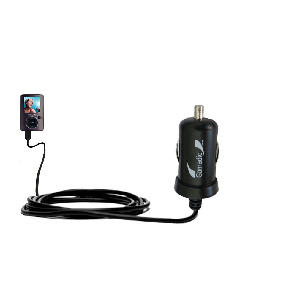 Gomadic Intelligent Compact Car / Auto DC Charger suitable for the Philips GoGear SA3026 - 2A / 10W power at half the size. Uses Gomadic TipExchange Technology