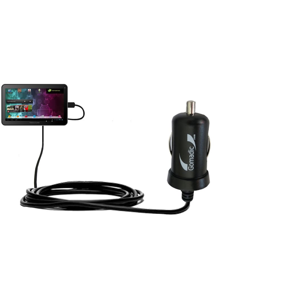 Gomadic Intelligent Compact Car / Auto DC Charger suitable for the Visual Land Prestige Pro 10D - 2A / 10W power at half the size. Uses Gomadic TipExchange Technology