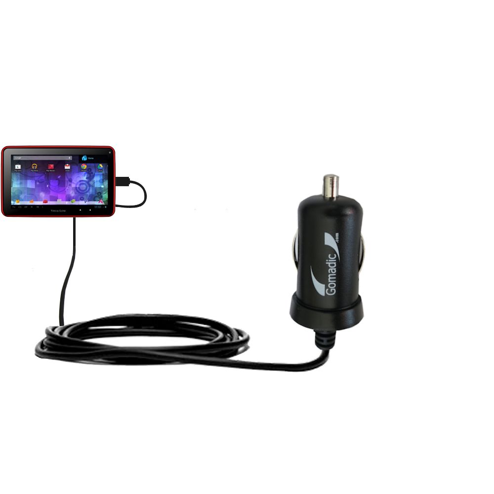 Gomadic Intelligent Compact Car / Auto DC Charger suitable for the Visual Land Prestige Pro 7D - 2A / 10W power at half the size. Uses Gomadic TipExchange Technology