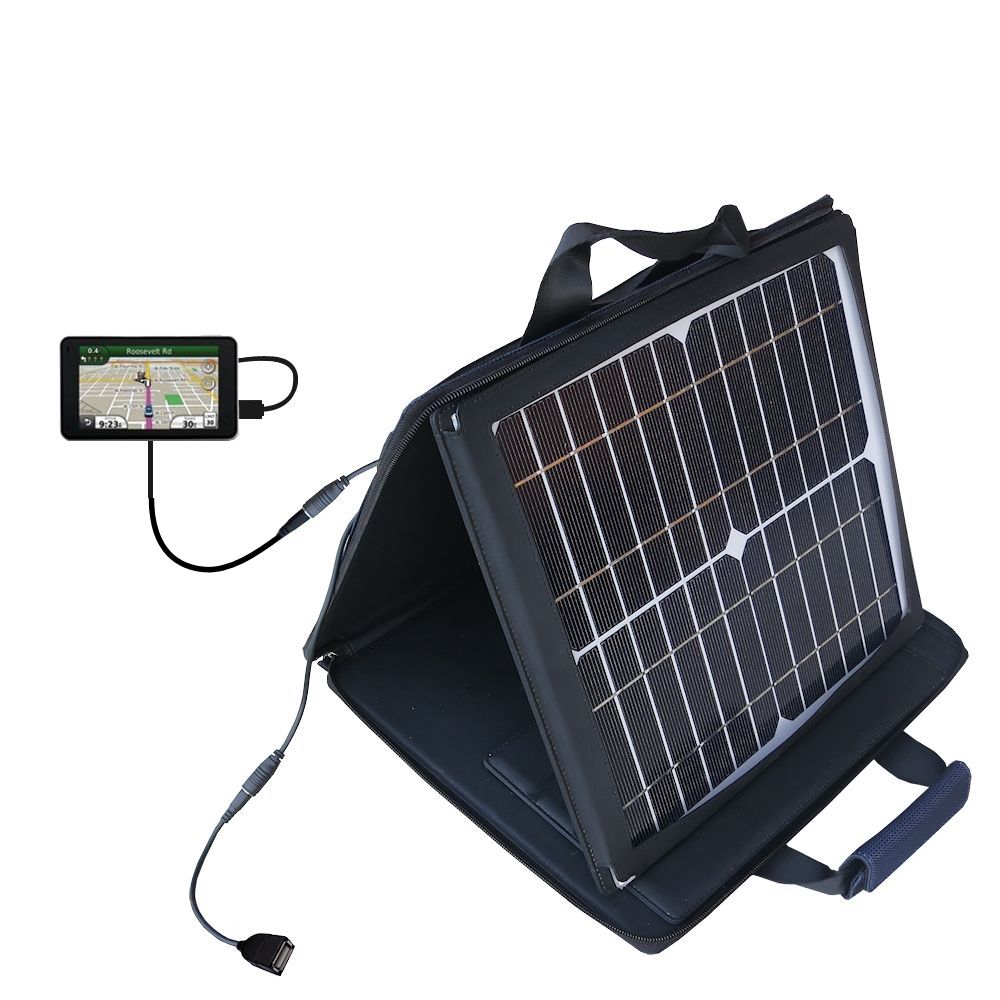 SunVolt Solar Charger compatible with the Amcor Navigation GPS 3750 and one other device - charge from sun at wall outlet-like speed