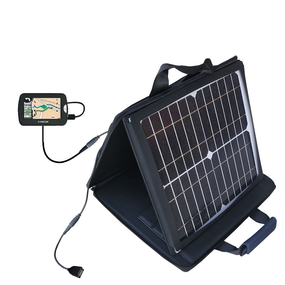 SunVolt Solar Charger compatible with the Amcor Navigation GPS 4300 4500 and one other device - charge from sun at wall outlet-like speed