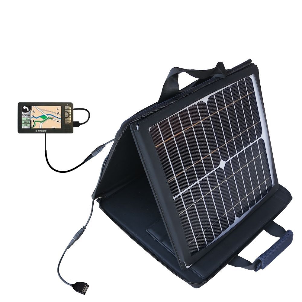 SunVolt Solar Charger compatible with the Amcor Navigation GPS 5600 and one other device - charge from sun at wall outlet-like speed
