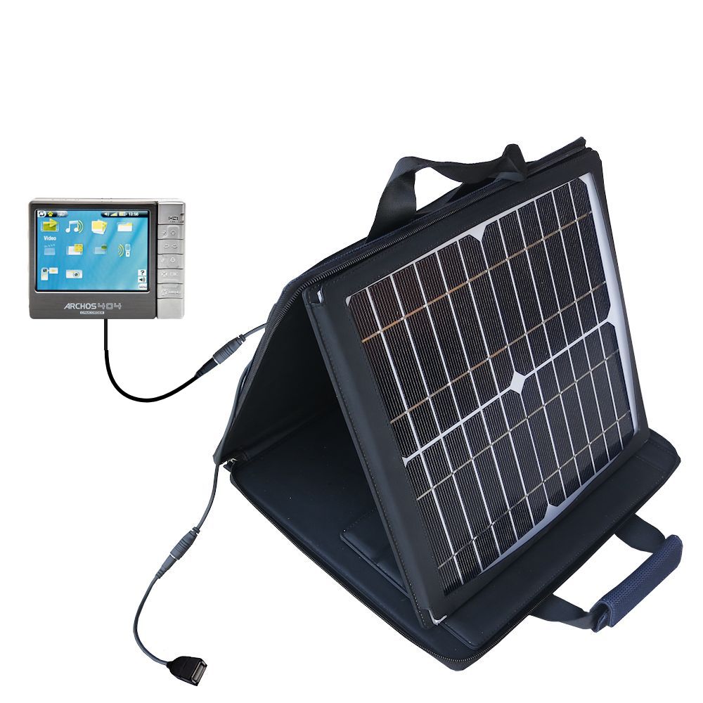 SunVolt Solar Charger compatible with the Archos 404 Camcorder CAM and one other device - charge from sun at wall outlet-like speed
