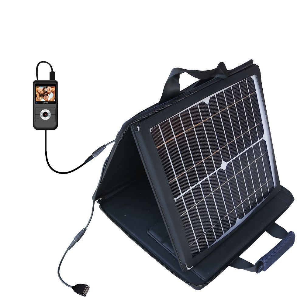 SunVolt Solar Charger compatible with the Coby CAM4505 SNAPP Camcorder and one other device - charge from sun at wall outlet-like speed