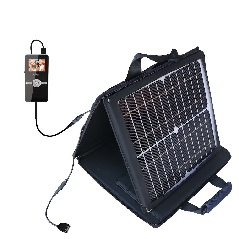 SunVolt Solar Charger compatible with the Coby CAM5000 SNAPP Camcorder and one other device - charge from sun at wall outlet-like speed