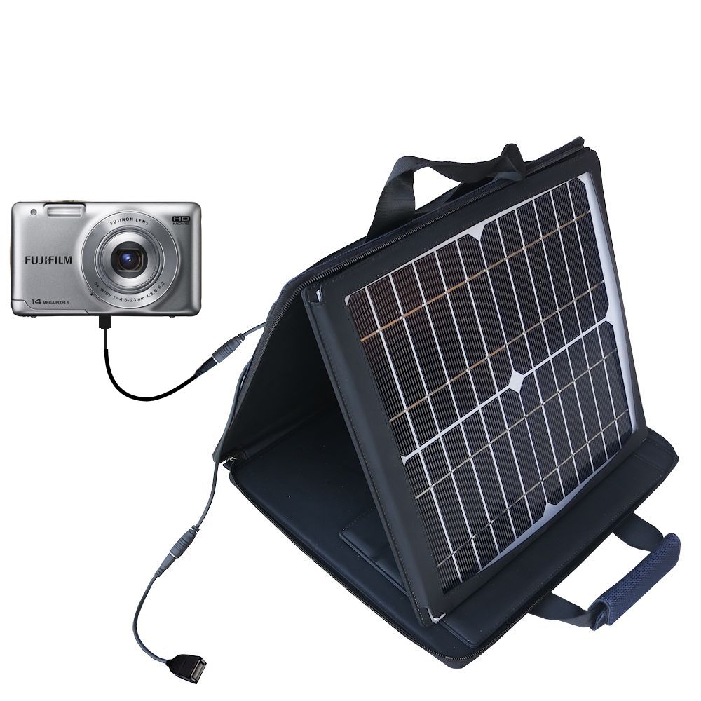 SunVolt Solar Charger compatible with the Fujifilm Finepix JX 500 520 550 580 590 700 710 and one other device - charge from sun at wall outlet-like speed