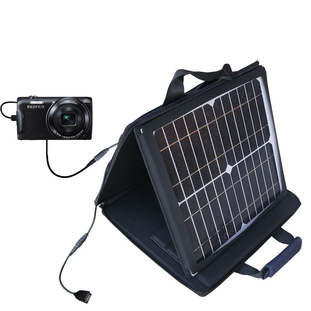 SunVolt Solar Charger compatible with the Fujifilm Finepix T500/ T510 and one other device - charge from sun at wall outlet-like speed