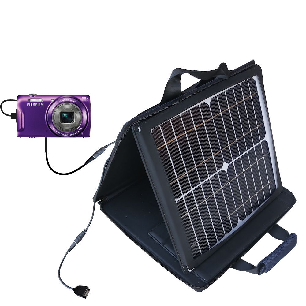 SunVolt Solar Charger compatible with the Fujifilm Finepix T550 / T560 and one other device - charge from sun at wall outlet-like speed