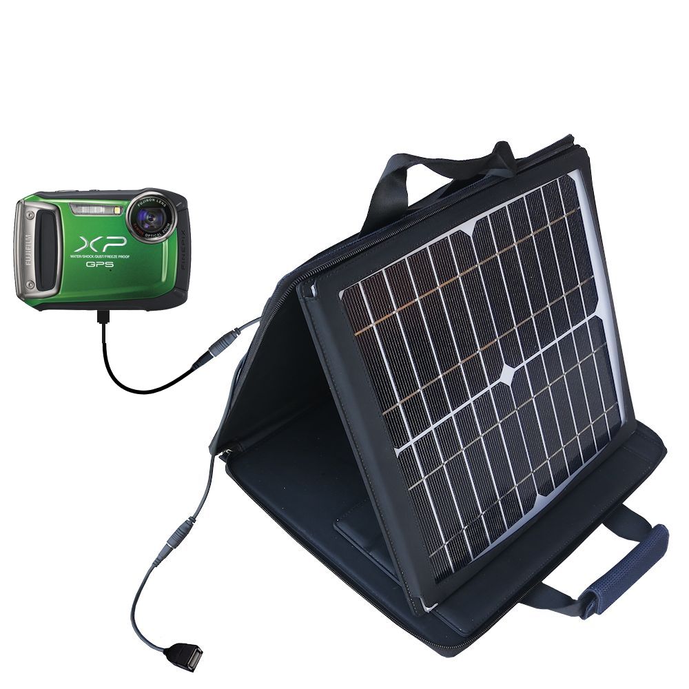 SunVolt Solar Charger compatible with the Fujifilm Finepix XP100 XP150 XP170 and one other device - charge from sun at wall outlet-like speed