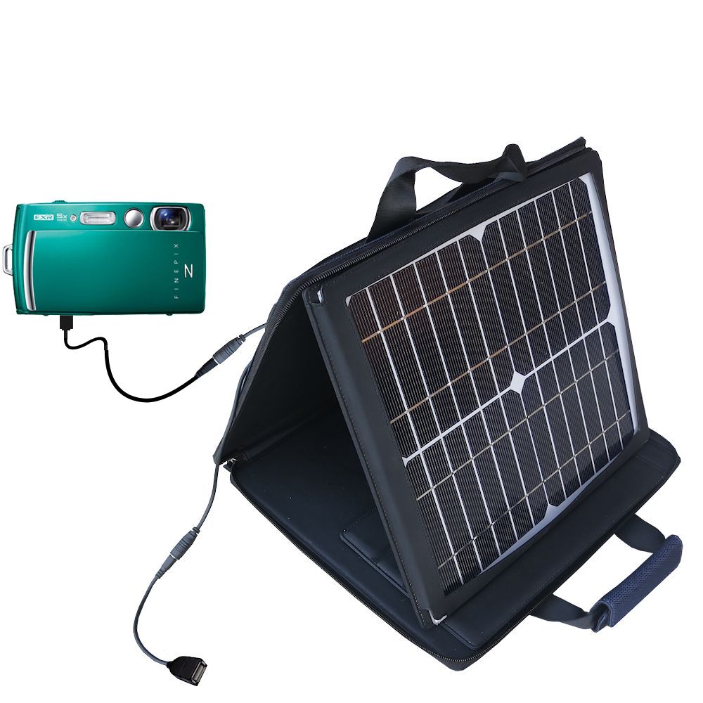 SunVolt Solar Charger compatible with the Fujifilm Finepix Z1000EXR 1010 900 909 800 808 700 707 and one other device - charge from sun at wall outlet-like speed