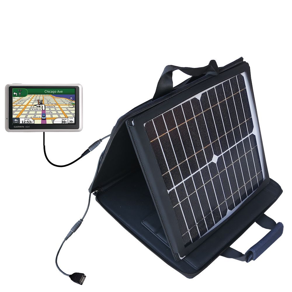 SunVolt Solar Charger compatible with the Garmin nuvi 2757 / 2797 LMT and one other device - charge from sun at wall outlet-like speed