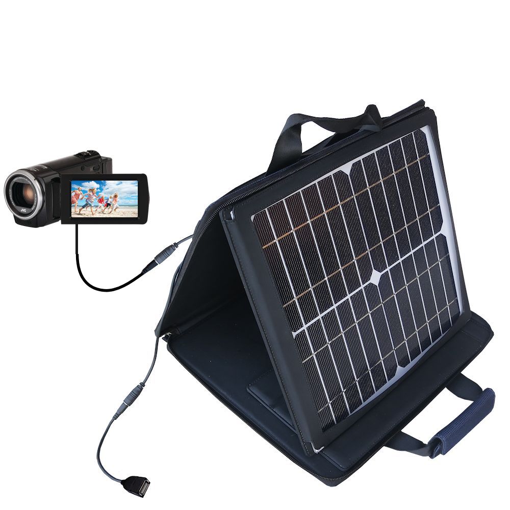 SunVolt Solar Charger compatible with the JVC Everio GZ-E100 and one other device - charge from sun at wall outlet-like speed