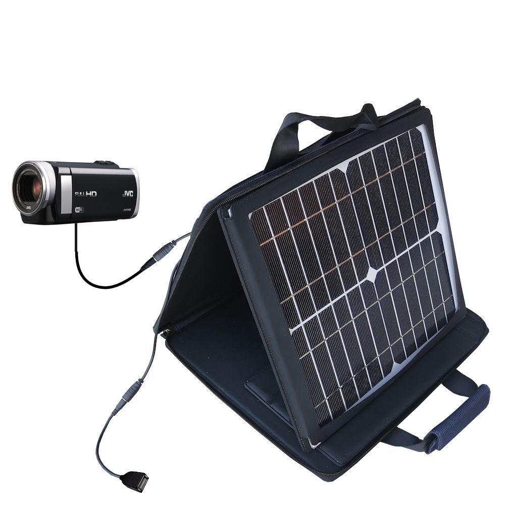 SunVolt Solar Charger compatible with the JVC Everio GZ-E200 / GZ-E10 and one other device - charge from sun at wall outlet-like speed