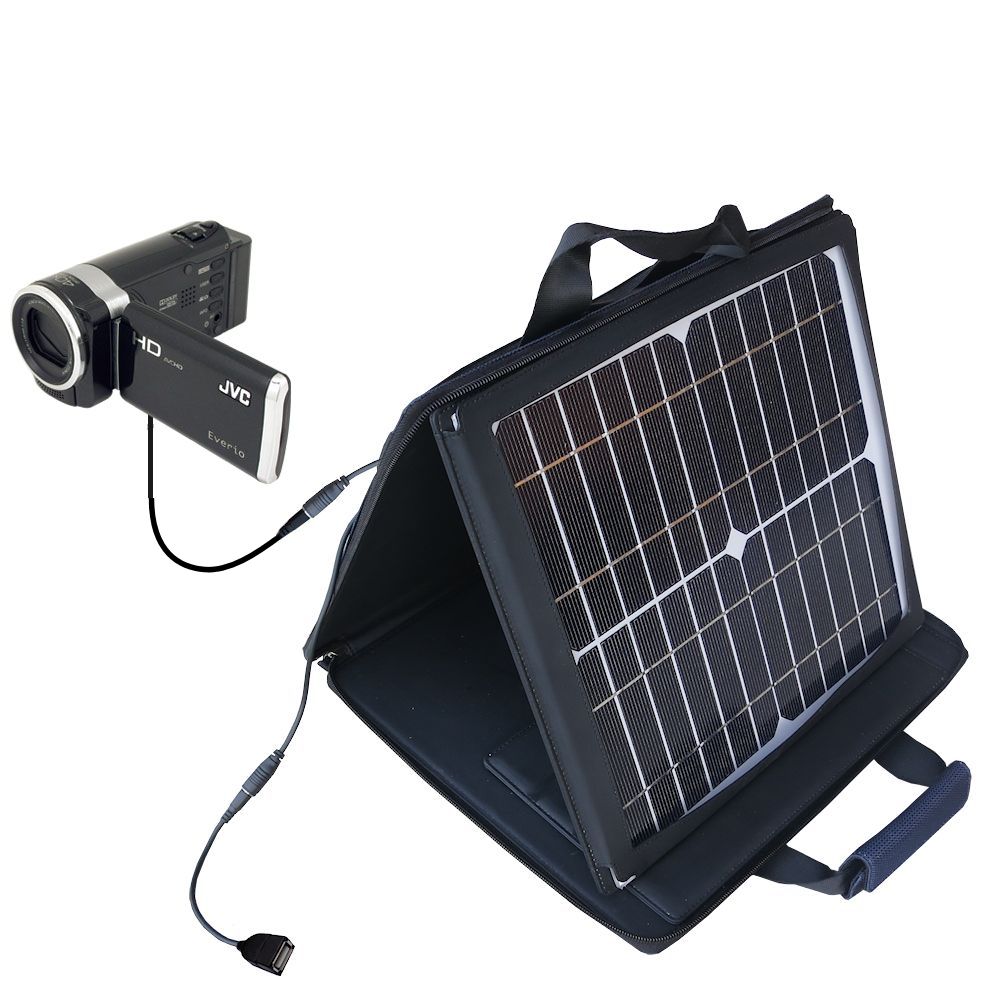 SunVolt Solar Charger compatible with the JVC Everio GZ-HM650 / HM655 and one other device - charge from sun at wall outlet-like speed