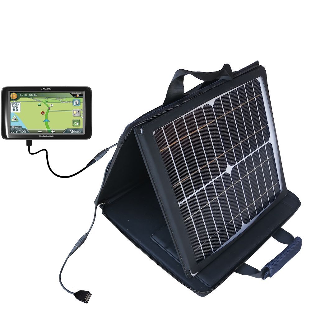 SunVolt Solar Charger compatible with the Magellan Roadmate RV9365T-LMB and one other device - charge from sun at wall outlet-like speed
