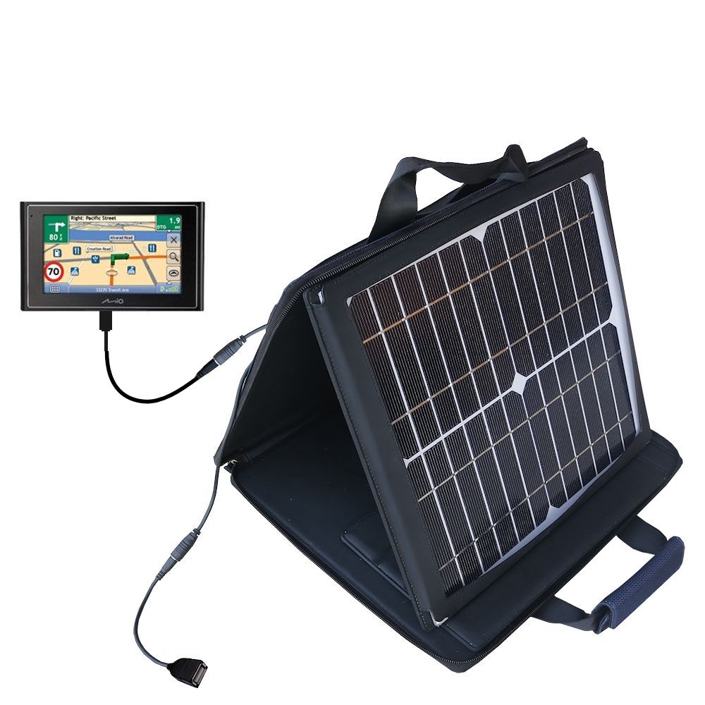 SunVolt Solar Charger compatible with the Mio Moov 330 360 370 380 and one other device - charge from sun at wall outlet-like speed