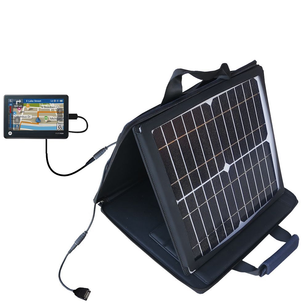 Gomadic SunVolt High Output Portable Solar Power Station designed for the Motorola MOTONAV TN30 - Can charge multiple devices with outlet speeds