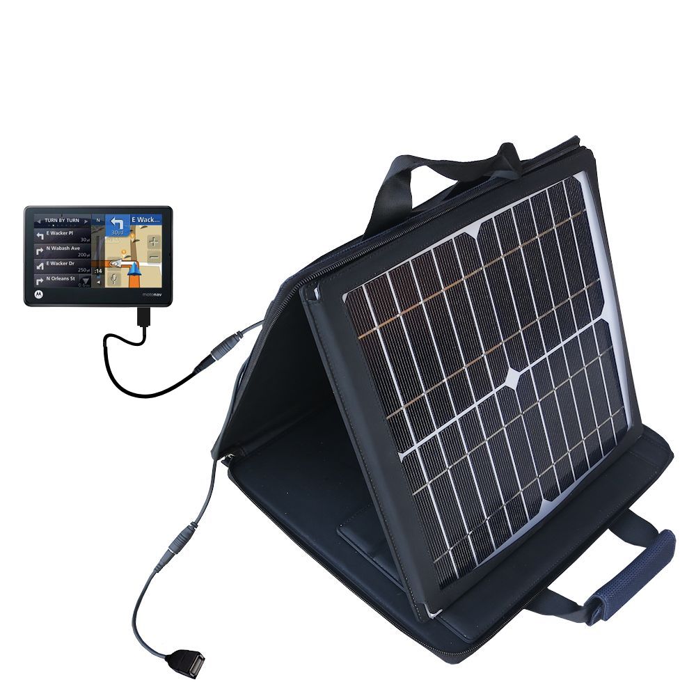 SunVolt Solar Charger compatible with the Motorola MOTONAV TN555 and one other device - charge from sun at wall outlet-like speed