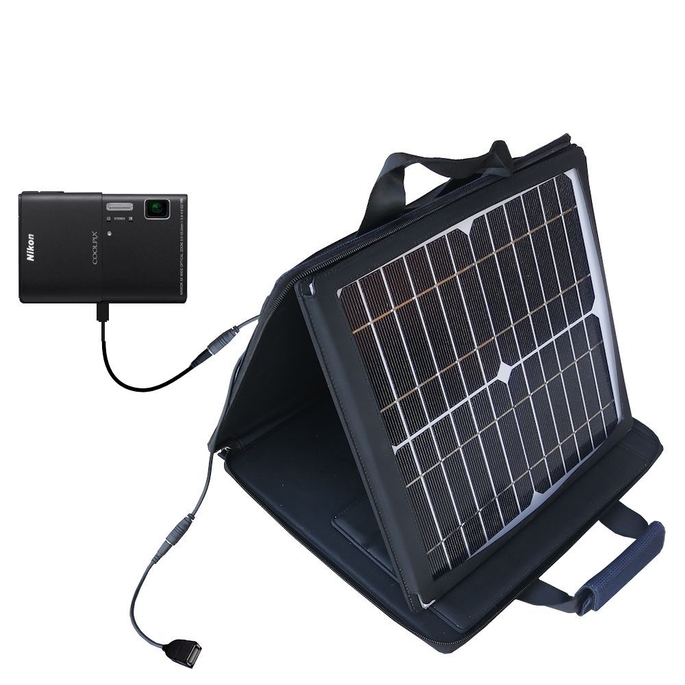 SunVolt Solar Charger compatible with the Nikon Coolpix S100 and one other device - charge from sun at wall outlet-like speed