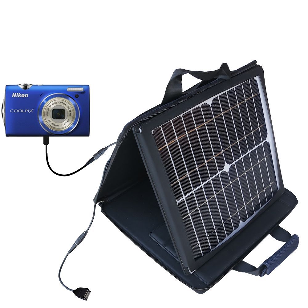 SunVolt Solar Charger compatible with the Nikon Coolpix S5100 and one other device - charge from sun at wall outlet-like speed