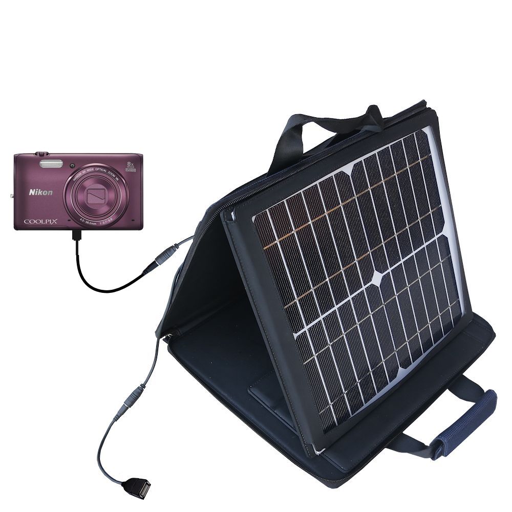 SunVolt Solar Charger compatible with the Nikon Coolpix S5300 and one other device - charge from sun at wall outlet-like speed