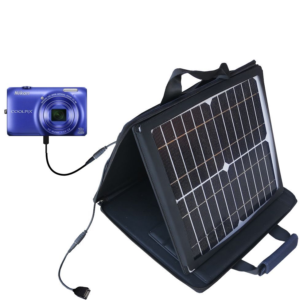 SunVolt Solar Charger compatible with the Nikon Coolpix S6200 / S6300 and one other device - charge from sun at wall outlet-like speed