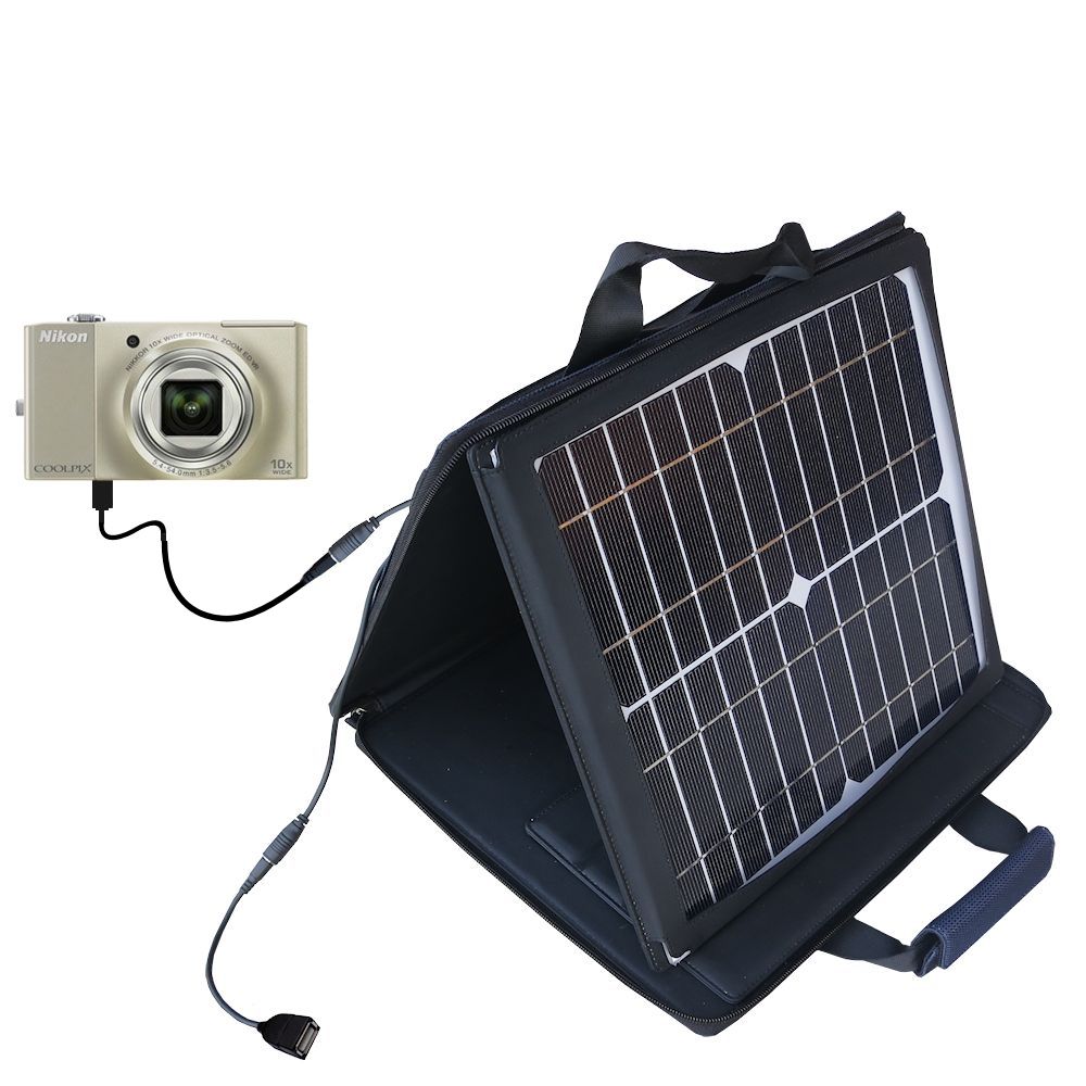 SunVolt Solar Charger compatible with the Nikon Coolpix S8000 and one other device - charge from sun at wall outlet-like speed