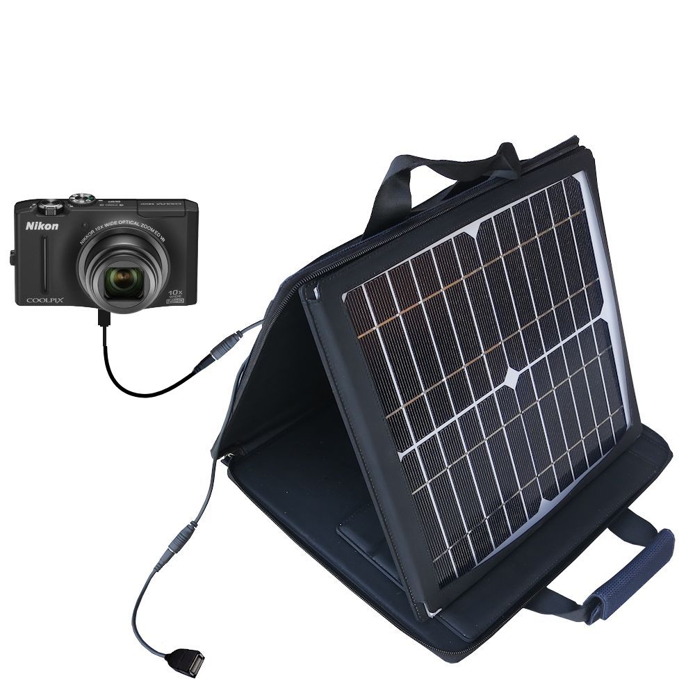 SunVolt Solar Charger compatible with the Nikon Coolpix S8100 and one other device - charge from sun at wall outlet-like speed