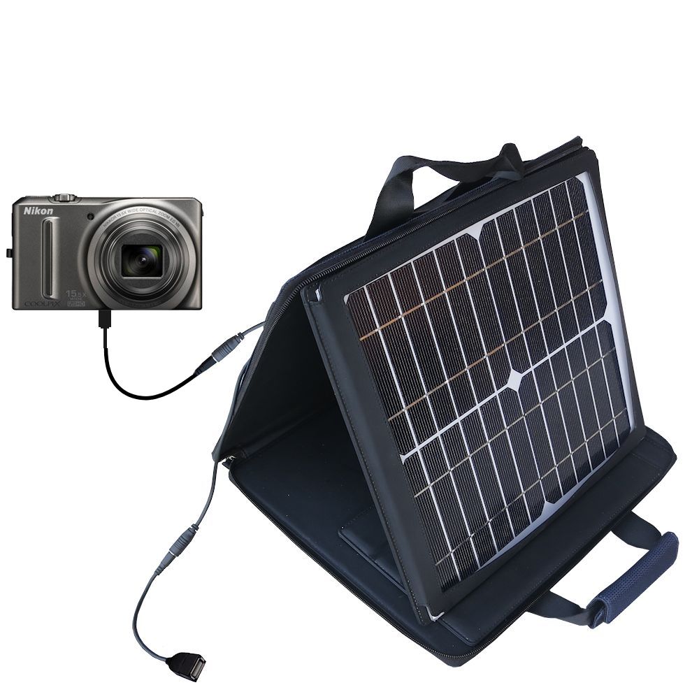 SunVolt Solar Charger compatible with the Nikon Coolpix S9050 and one other device - charge from sun at wall outlet-like speed