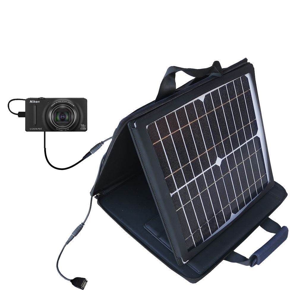 SunVolt Solar Charger compatible with the Nikon Coolpix S9200 / S9300 and one other device - charge from sun at wall outlet-like speed