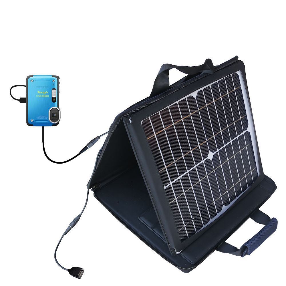 SunVolt Solar Charger compatible with the Olympus TG-620 iHS and one other device - charge from sun at wall outlet-like speed