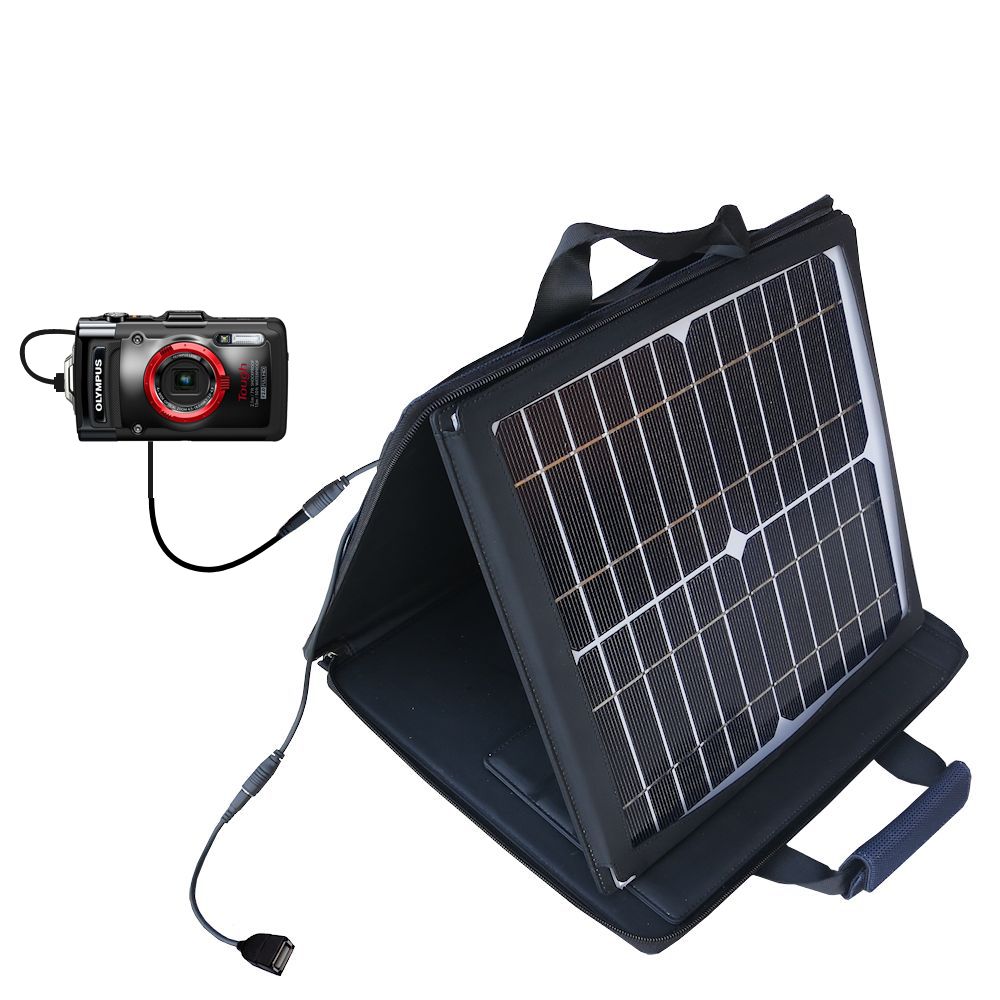 SunVolt Solar Charger compatible with the Olympus Tough TG-2 iHS and one other device - charge from sun at wall outlet-like speed