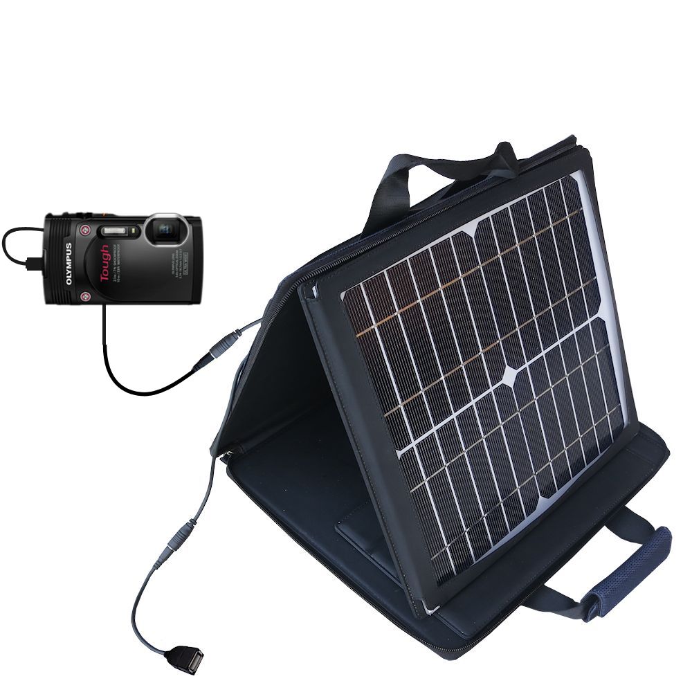 SunVolt Solar Charger compatible with the Olympus Tough TG-850 and one other device - charge from sun at wall outlet-like speed