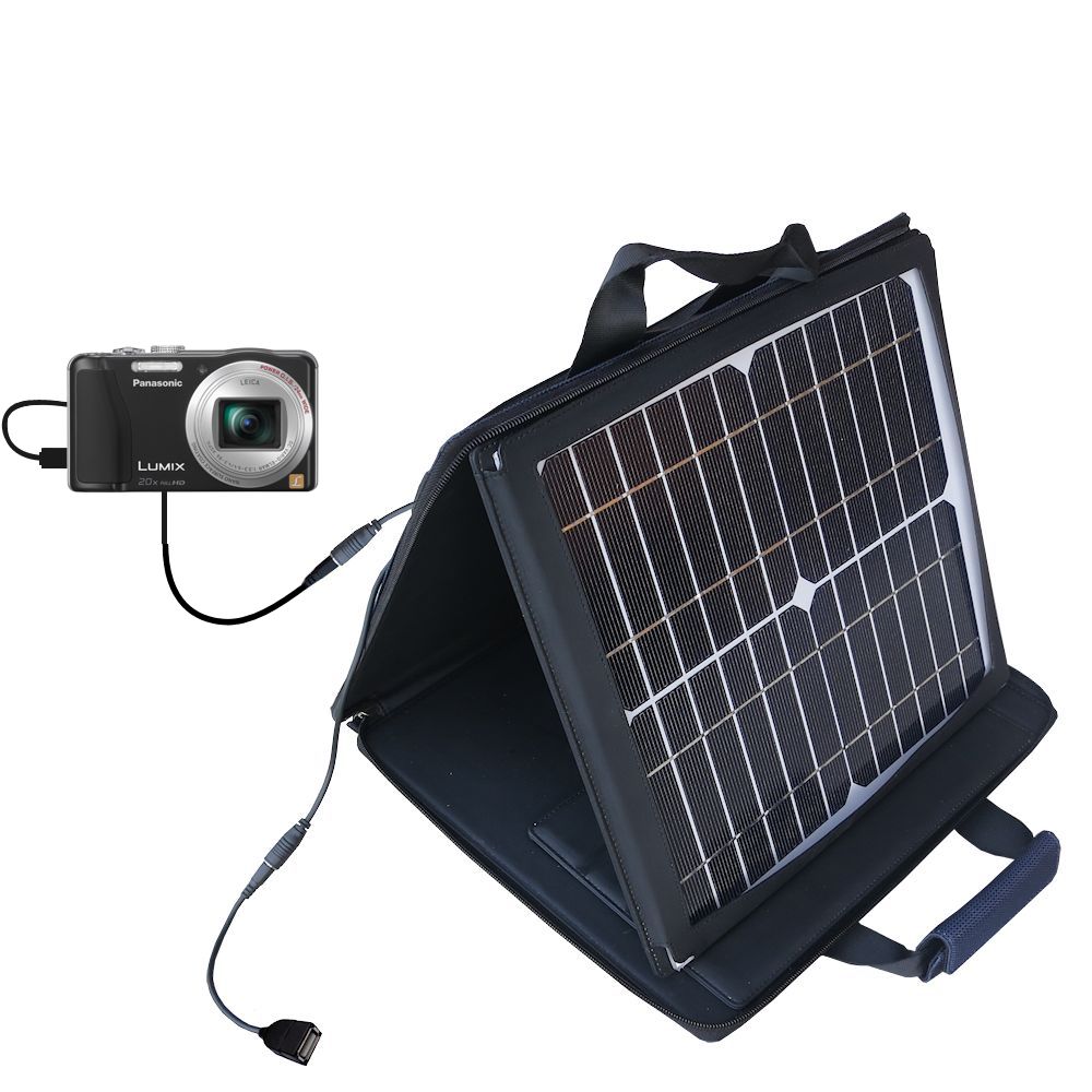 SunVolt Solar Charger compatible with the Panasonic Lumix DMC-ZS19K and one other device - charge from sun at wall outlet-like speed