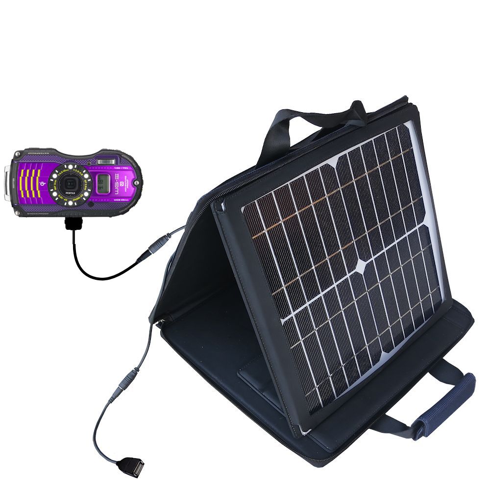 SunVolt Solar Charger compatible with the Pentax Optio WG-3 and one other device - charge from sun at wall outlet-like speed