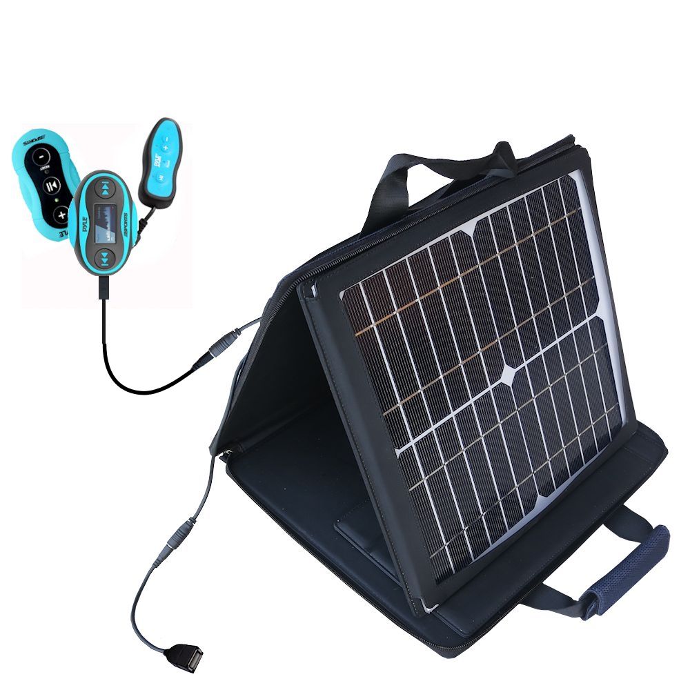 SunVolt Solar Charger compatible with the Pyle PSWP25BL Waterproof MP3 and one other device - charge from sun at wall outlet-like speed