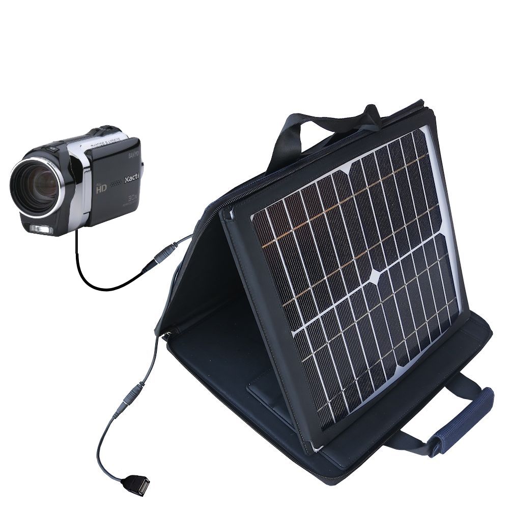SunVolt Solar Charger compatible with the Sanyo Camcorder VPC-SH1 and one other device - charge from sun at wall outlet-like speed