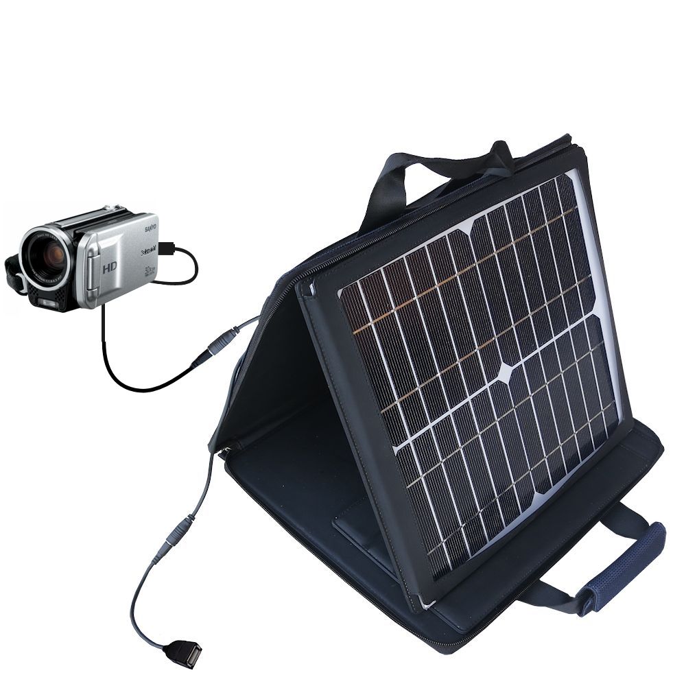 SunVolt Solar Charger compatible with the Sanyo Camcorder VPC-TH1 and one other device - charge from sun at wall outlet-like speed